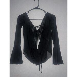 Musera Sheer Crop Top Womens XS Long Bell Sleeve Black Boho Festival